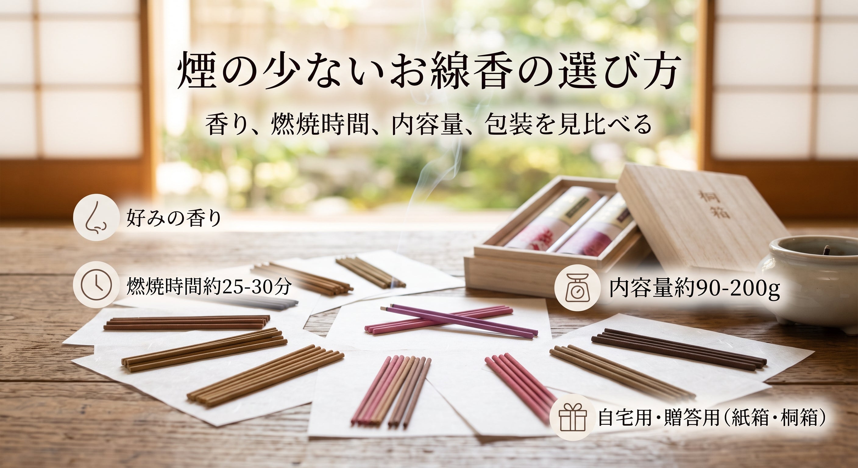 煙の少ないお線香の選び方｜香り・燃焼時間・贈答用を比較