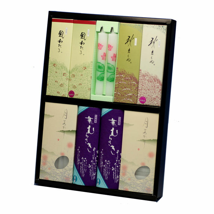 ご進物 S-10 ローソク・線香詰合せ（月あかり三十分・月あかり二時間・華むらさきプチ・特撰御献灯（純和風）・風わたる有煙・風わたる微煙・秋立ちぬ有煙・秋立ちぬ微煙） 贈答用 ろうそく 線香 300-07 東海製蝋